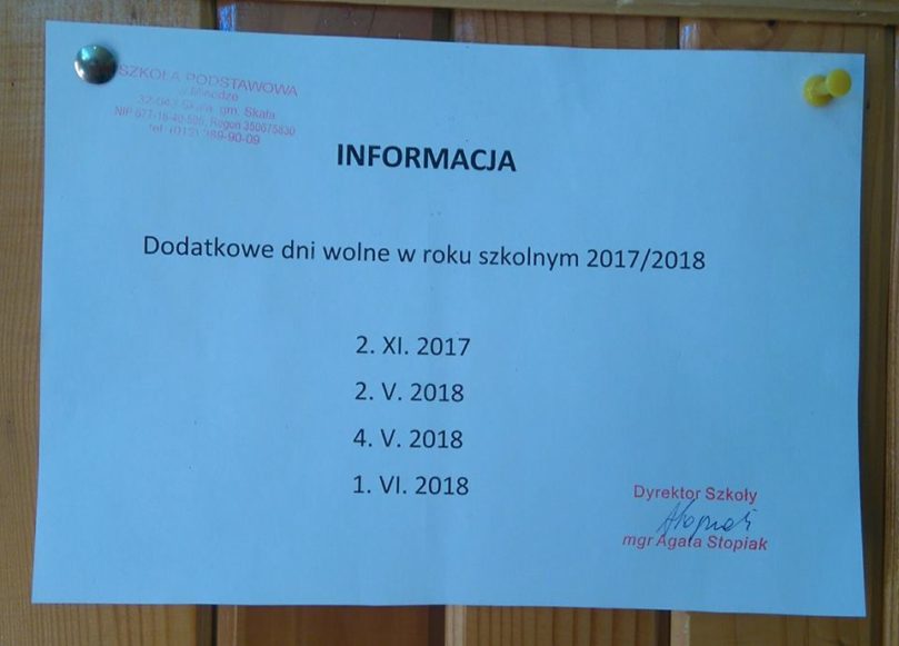 Dodatkowe dni wolne w roku szkolnym 2017/2018